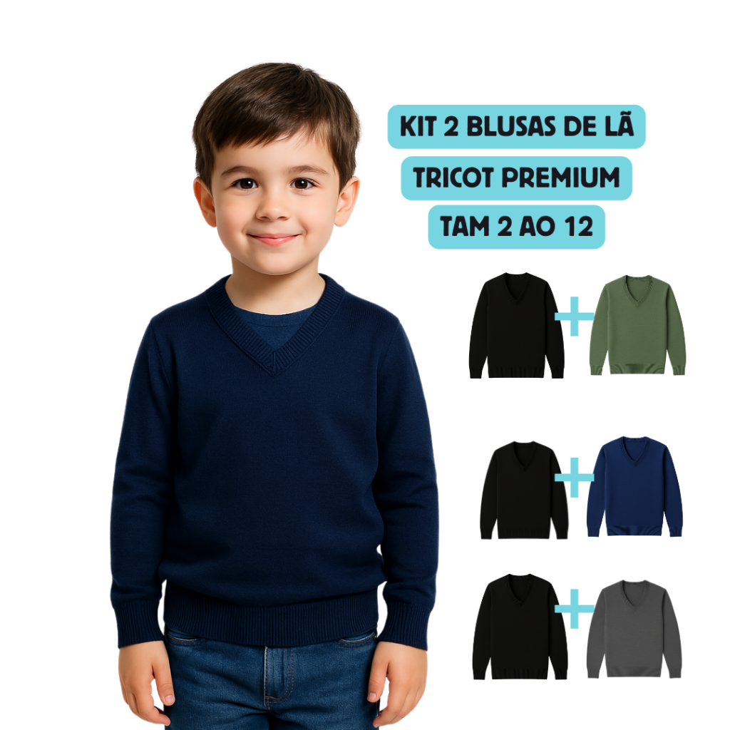 Kit 2 Blusas de Lã Infantil Menino Tam 2 ao 12 Tricot Premium Gola V Inverno Blusão Casaco Frio