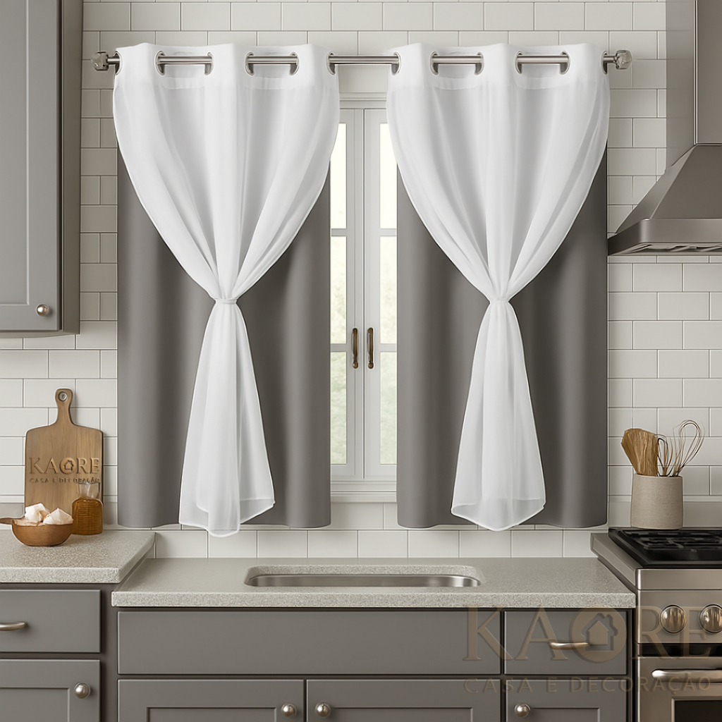 Cortina Blackout PVC com Voil 2,20x1,40 Cozinha – 100% bloqueio de luz, térmica, prática e elegante