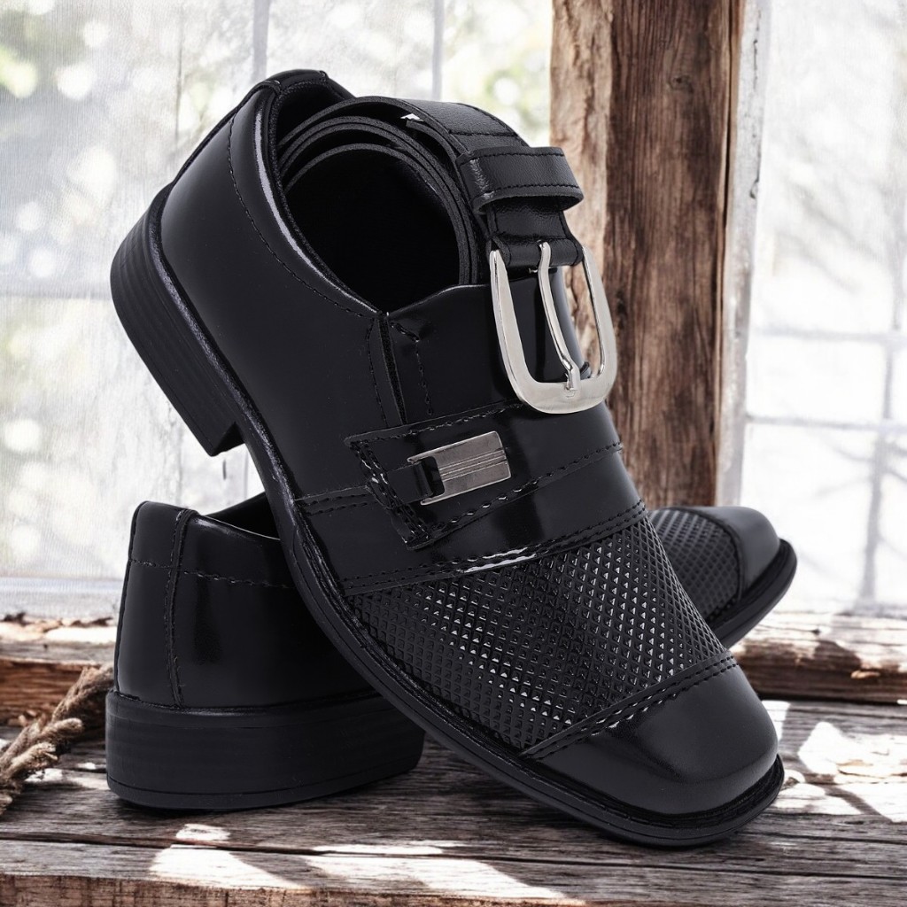 Kit Sapato Infantil Social Com Cinto Menino Daminho Pajem Em Verniz Sintético Solado Antiderrapante