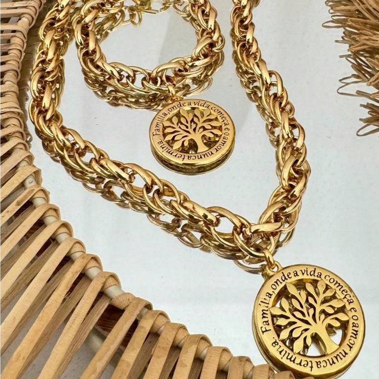 Colar ou pulseira semijoia pingente árvore da vida corrente trançada