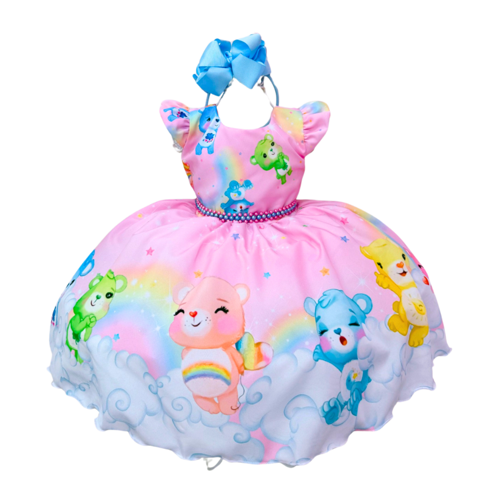 Vestido Infantil Festa Ursinhos Carinhosos 🐻🌈 Princesa Rosa Temático de 1 a 4 anos em Oferta na Shopee