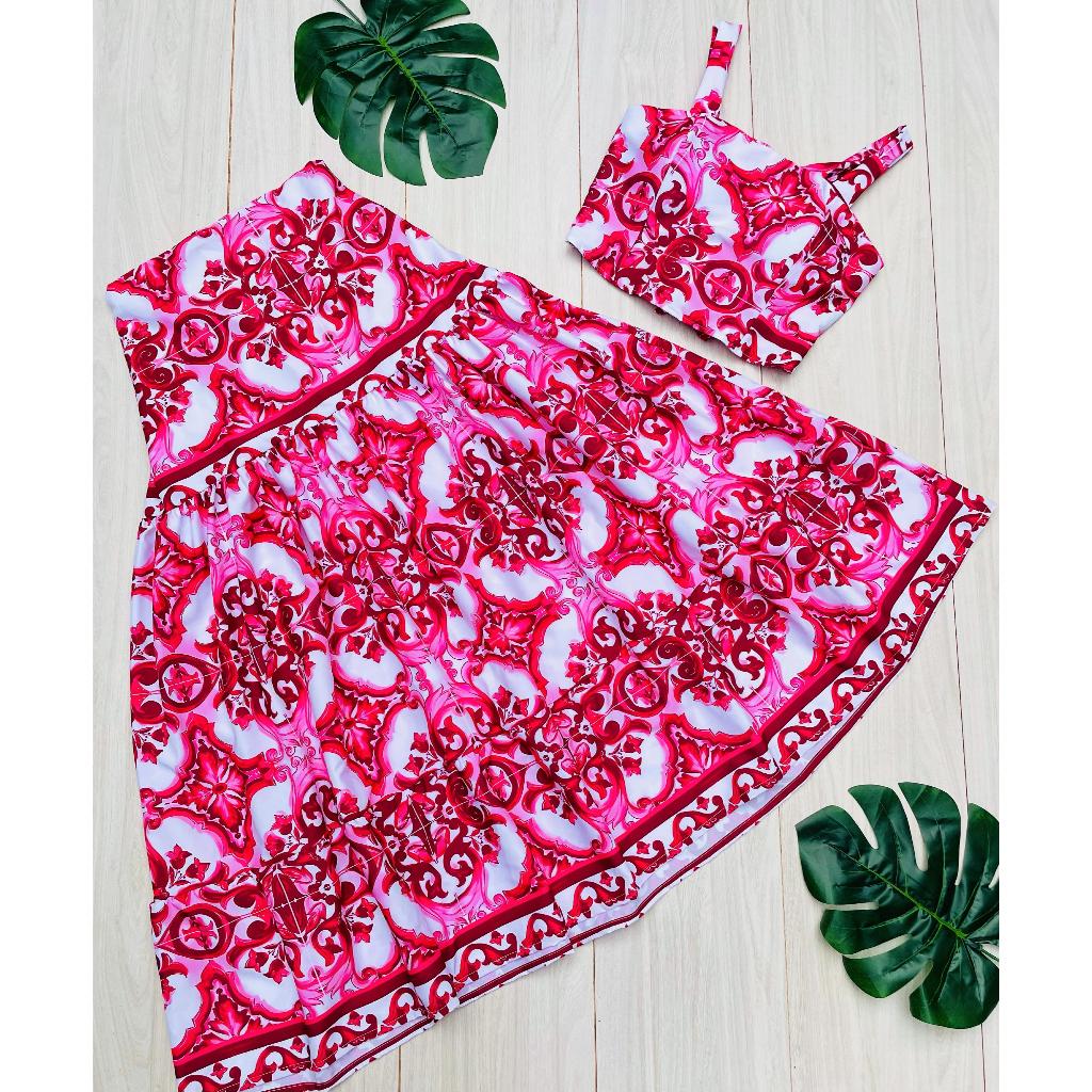 Conjunto Feminino Cropped De Alça E Saia Longa Estampa Floral