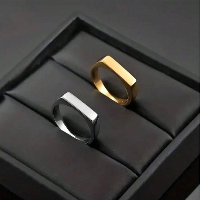 Par de Anel Unissex Simples Geométrico de Aço Inoxidável – Banhado a Prata e Dourado em Oferta na Shopee