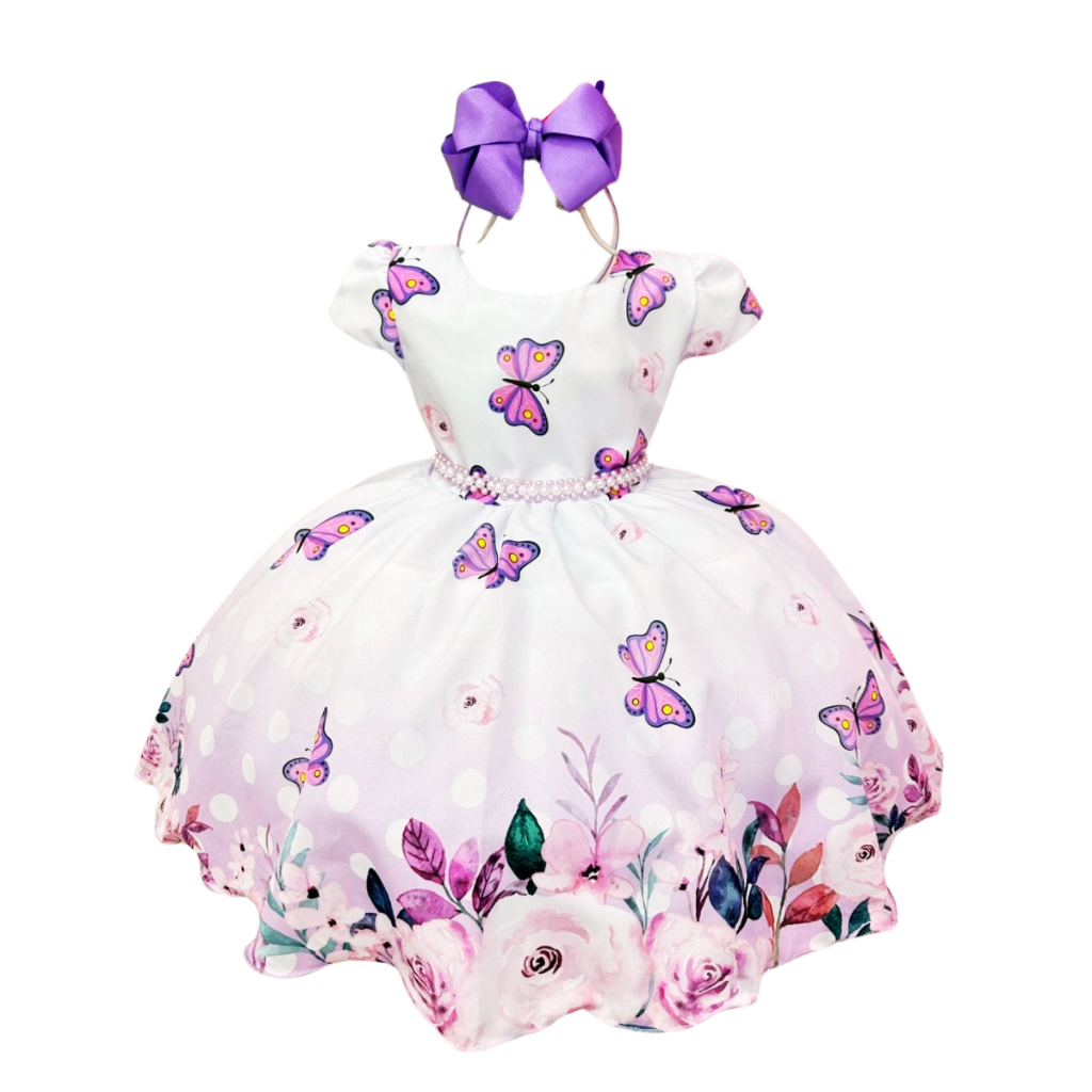 Vestido Infantil Borboletas Lilás 🎀 Festa Princesa com Flores e Pérolas em Oferta na Shopee