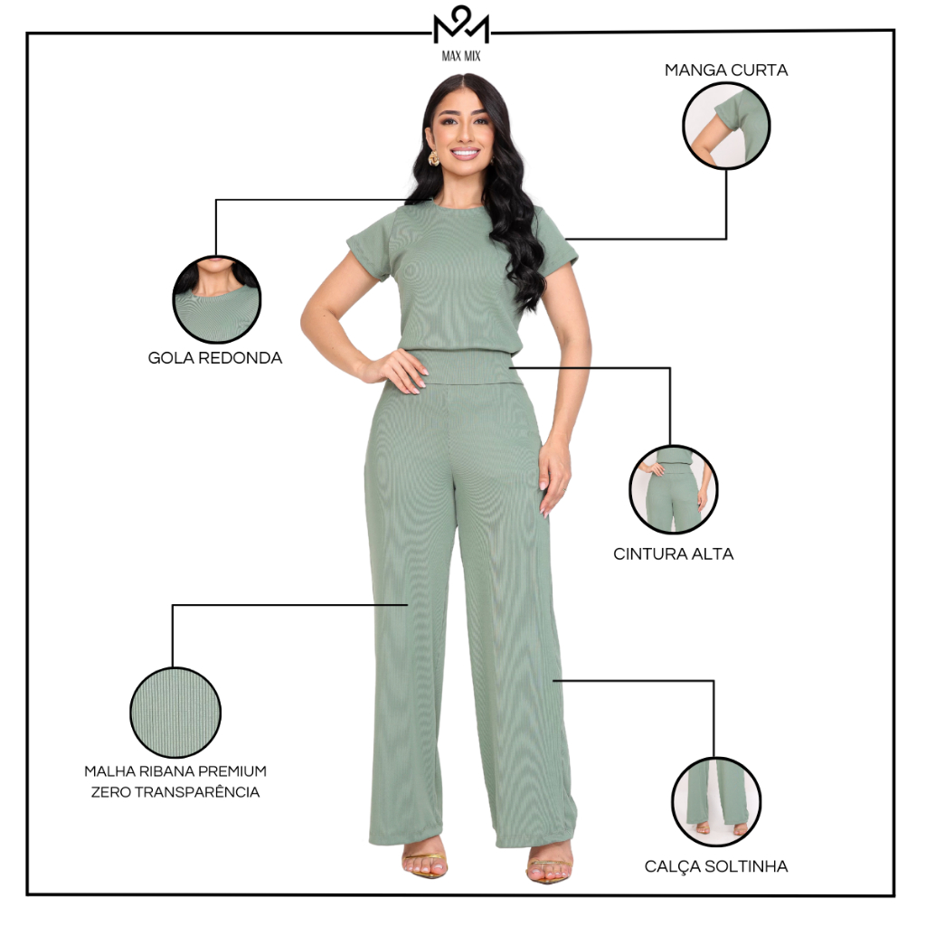 Conjunto Feminino Calça Soltinha Forrada Blusa Manga Curta  Elegante Casual