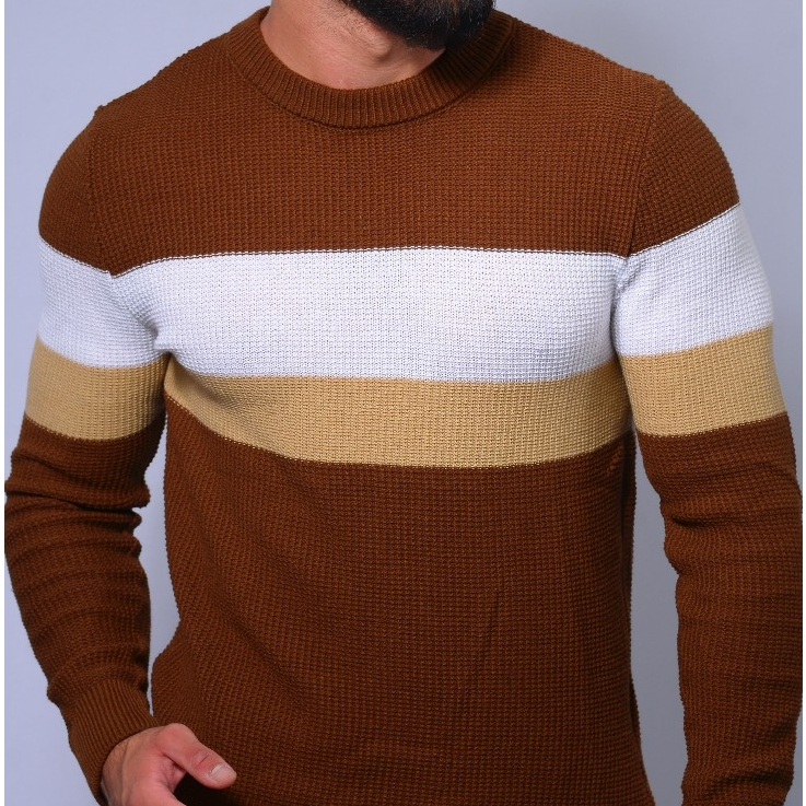 Blusa Masculina Listrada de Tricot Estilo Casual Suéter Inverno Elegante Gola Redonda e Conforto