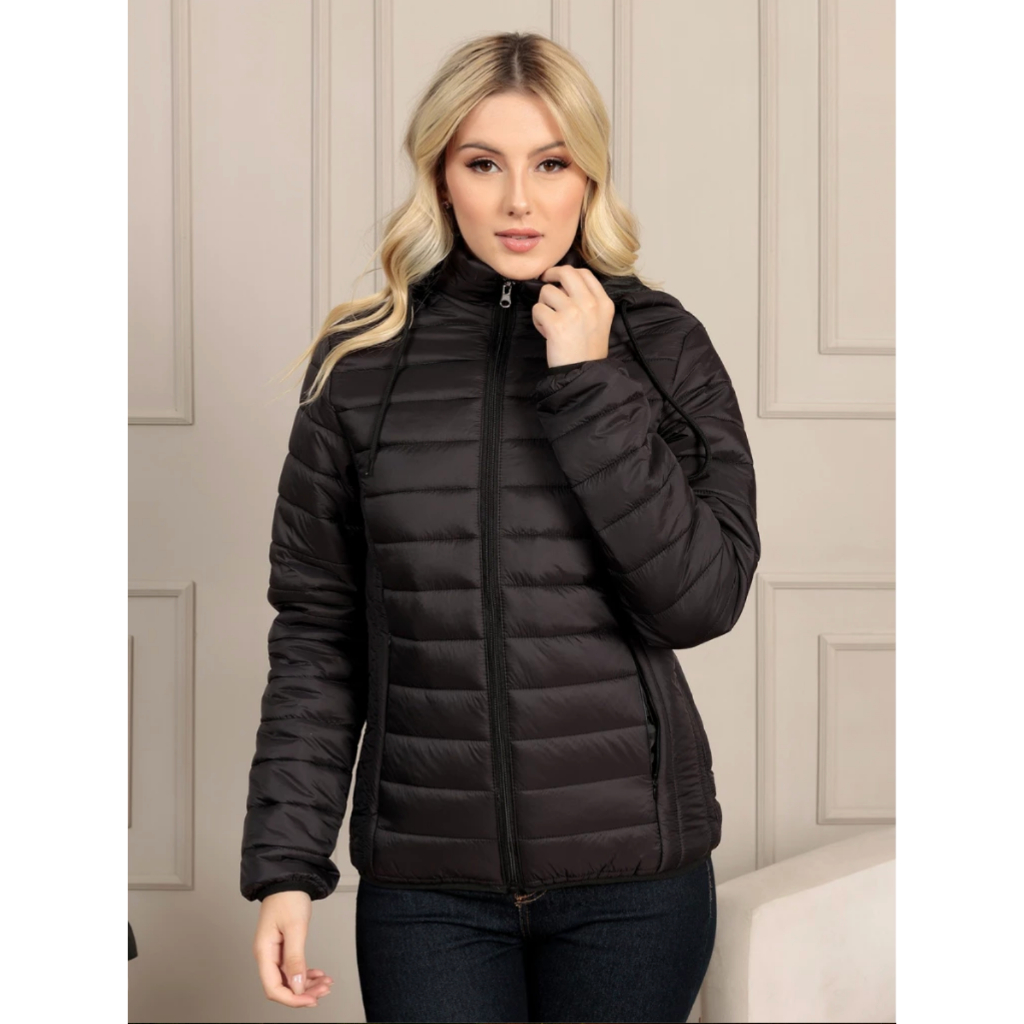 Jaqueta de Frio Feminina Puffer – Nylon Impermeável Preto (Bobojaco Quentinho)