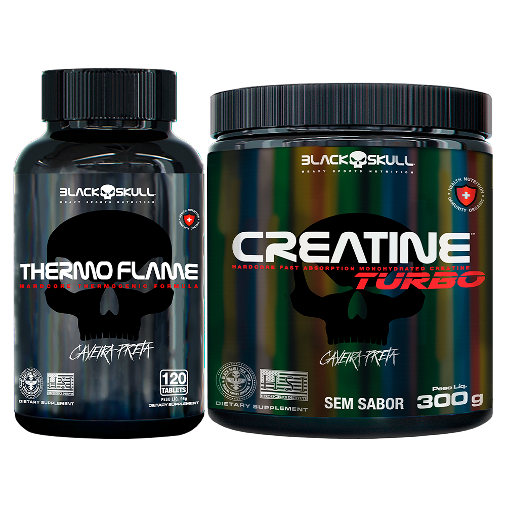 Black Skull Kit Creatine Turbo Pote 300g + Thermo Flame 120 Tabletes (Creatina Caveira Preta)