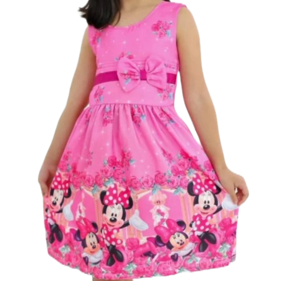 Vestido  Minnie Infantil Rosa Rodado Com Laço Aniversário Presente Festa Menina Criança Temático Promoção