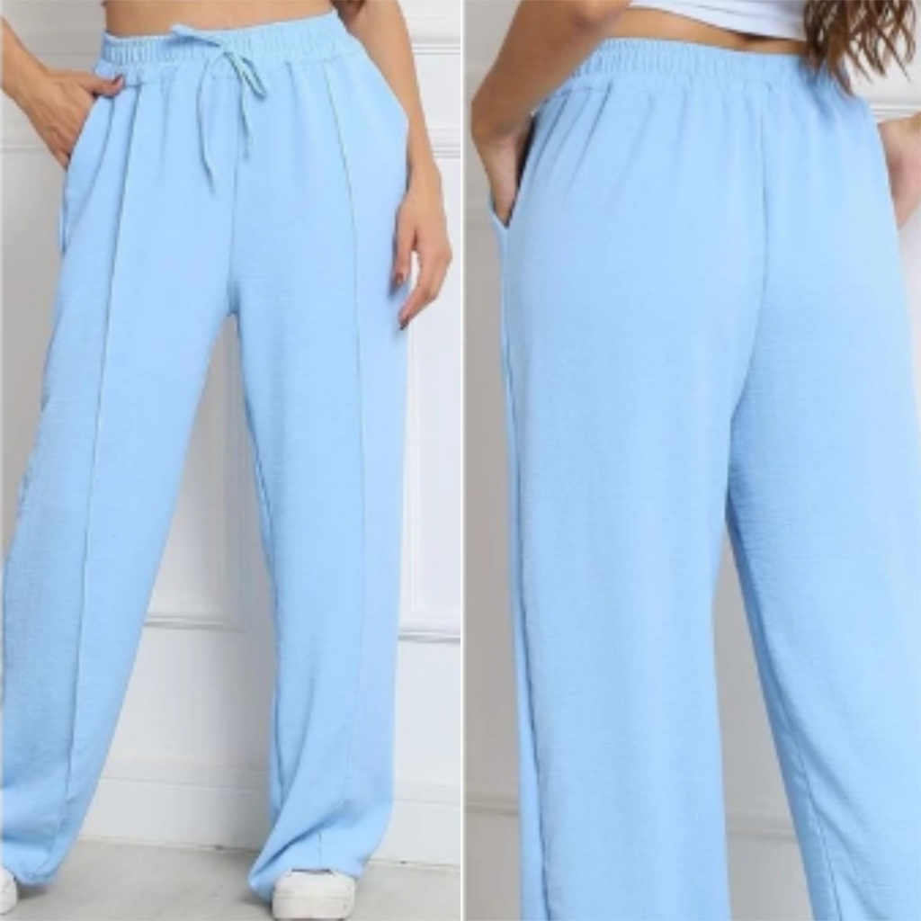 Calça Pantalona Wide Leg Feminina Duna Cintura Alta Com Bolso Elástico na Cintura Botão Inverno Verão Tendência Feminino