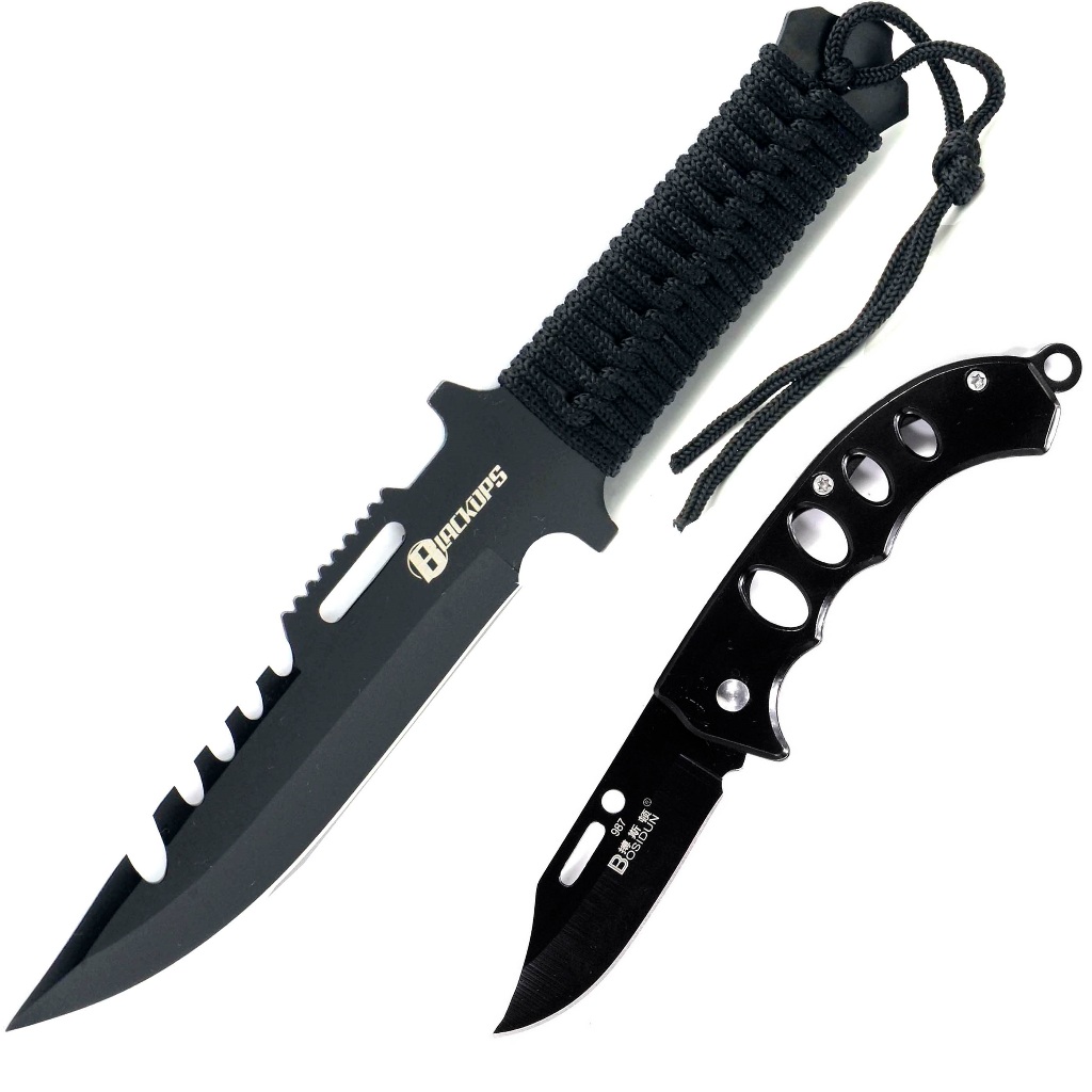 Faca Tática Sobrevivência Pesca Caça Selva Bainha K-06B BLACK OPS + Canivete Tático Sobrevivencia KN