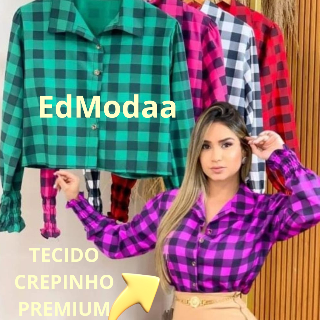camisa cropped xadrez feminina blusa Xadrez botão manga longa blusinha quadriculada junina
