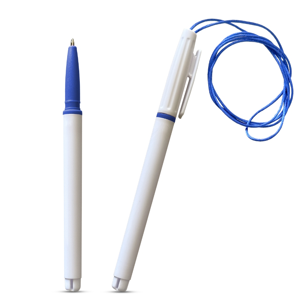 Kit 10 Unidades - Caneta Branca de Tampa com Cordão de Pescoço e Detalhe colorido
