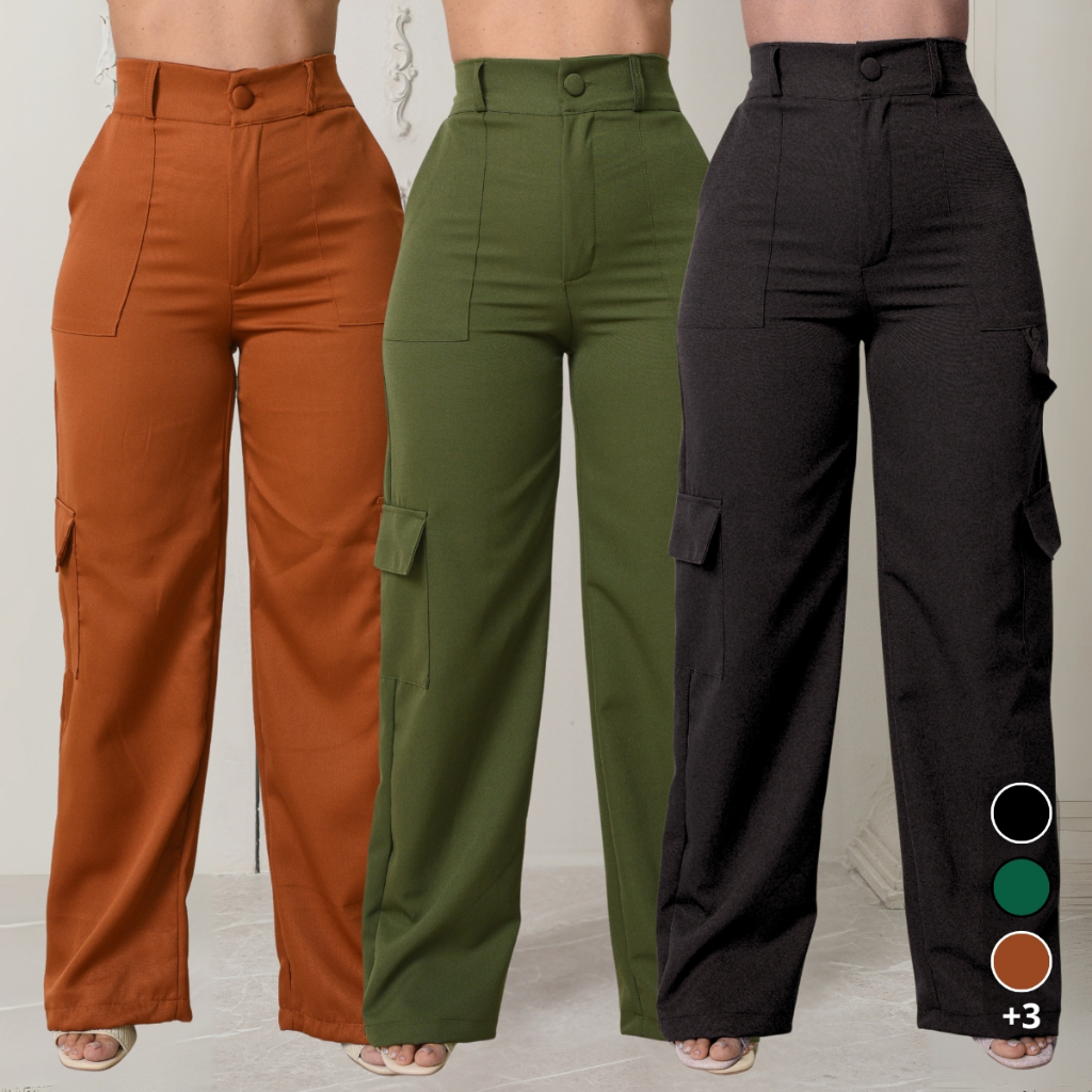 Calça Alfaiataria Feminina Cargo Social Pantalona Bolso Laterál