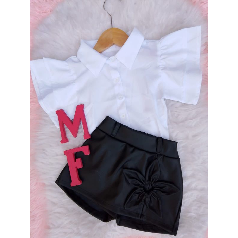 CONJUNTO SHORT SAIA FLOR +BLUSINHA MANGA MORCEGO BABADO MODA INFANTIL MENINA