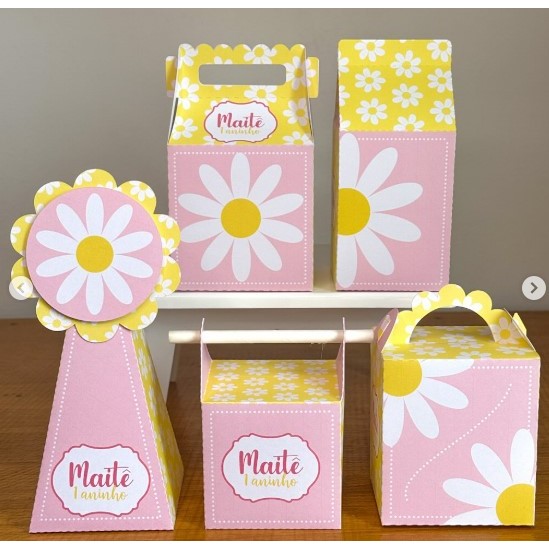 KIT FESTA MARGARIDAS Personalizado pegue e Monte Lembrancinhas - Aniversário - Caixinha - papel