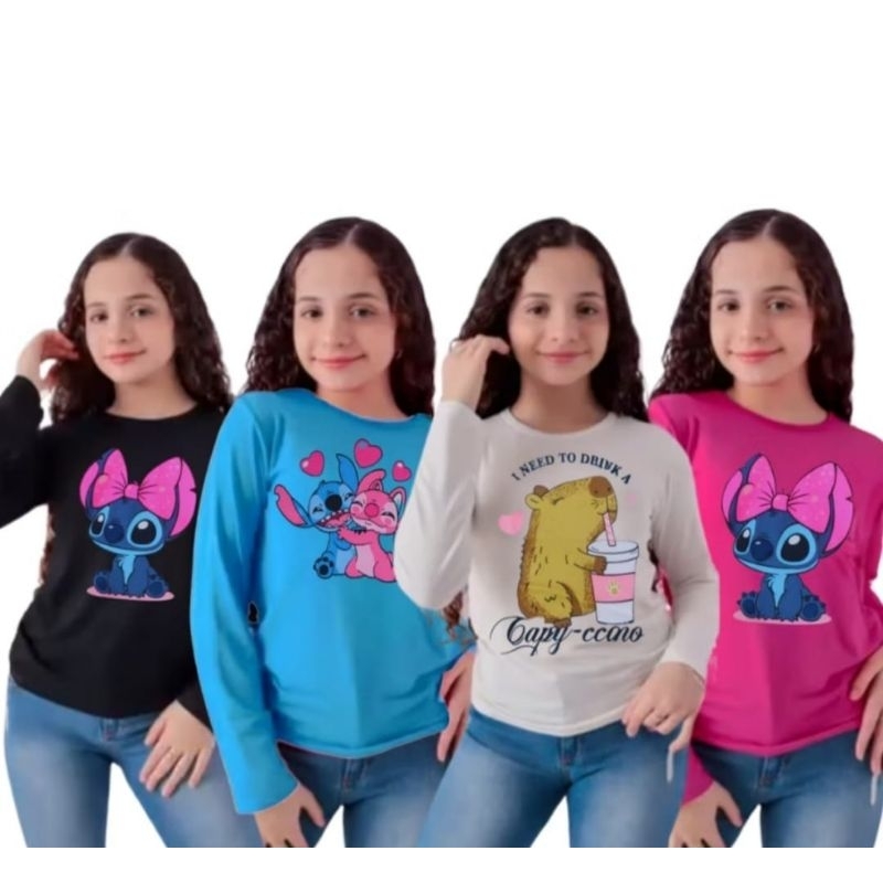 Blusinha Stitch Infantil Menina Manga longa