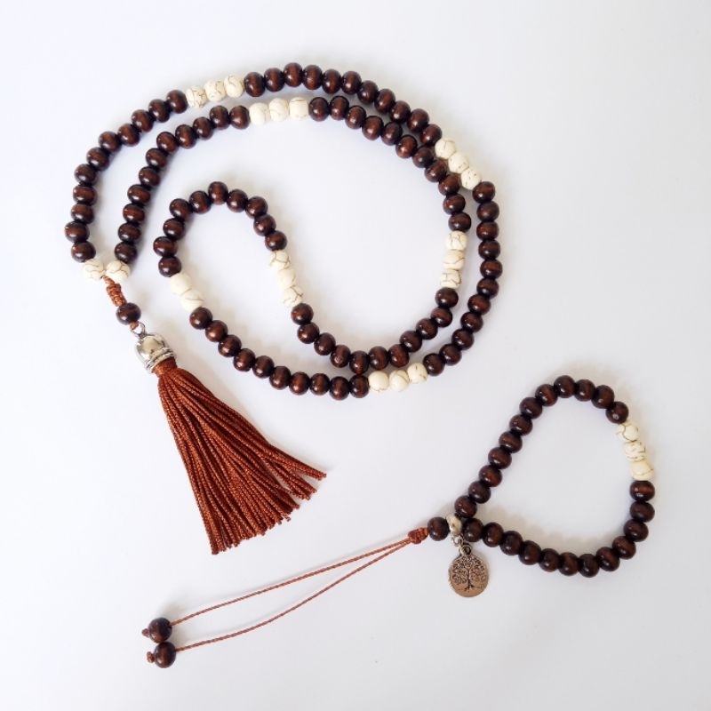 Imagem Japamala 108 Contas Madeira Com Howlita Branca + Pulseira 27 Contas Rosário Budista Ref:125