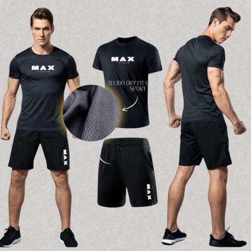 KIT Bermuda Elastano + Camisa Dry Fit - Max 01 - Academia Corrida Skate Basquete Short Praia