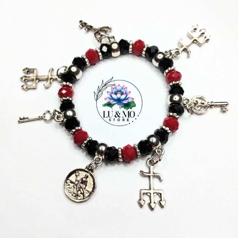 Pulseira de Exu Marabo Cristal 8mm Com Pingente Proteção Orixá Umbanda e Candomblé