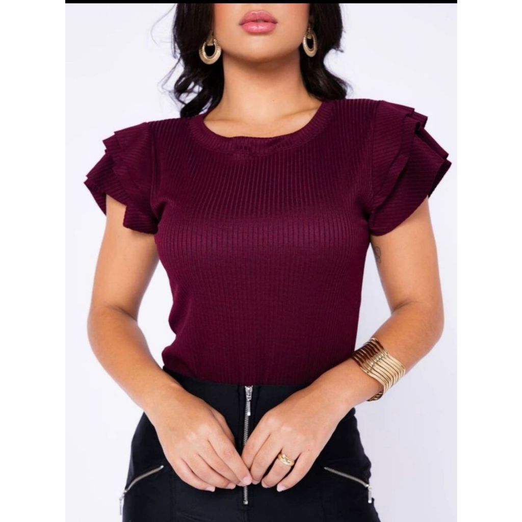 Blusa Feminina Canelada manguinha 3 Babados no ombro Blusinha Moda Blogueira