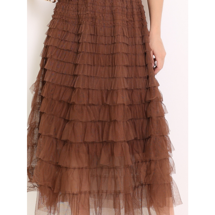 saia de tule midi com babado e elastico na cintura 041纯色蛋糕裙