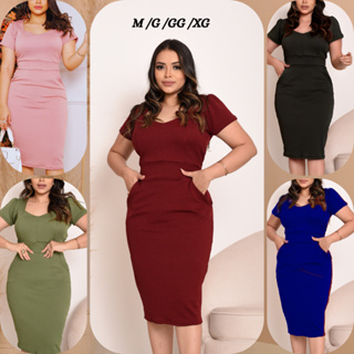 Vestido Mídi Feminino Casual Secretaria Manga Curta Bolso Crepe Malha Moda Evangélica Social Plusize em Oferta na Shopee