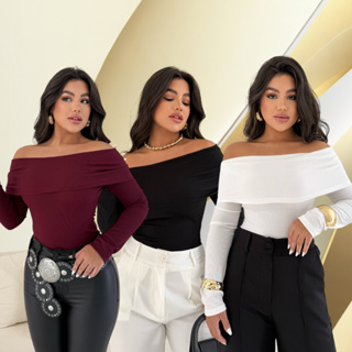 Blusinha Feminina Ombro a Ombro Manga Longa Ribana Canelada Blusa em Oferta na Shopee