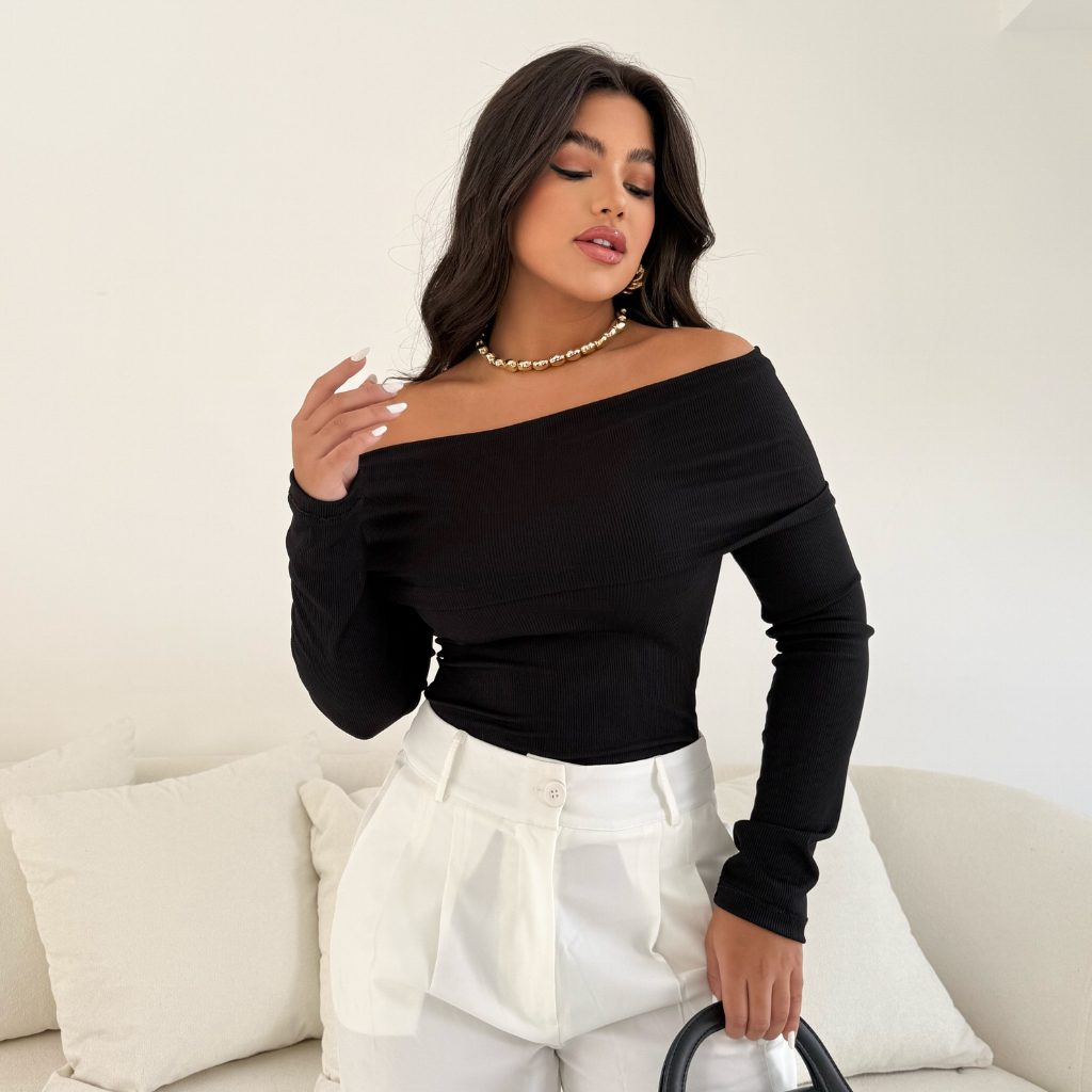 Blusa manga longa  Ombro a Ombro Decote com babado inverno tendência Verão Primavera em Oferta na Shopee