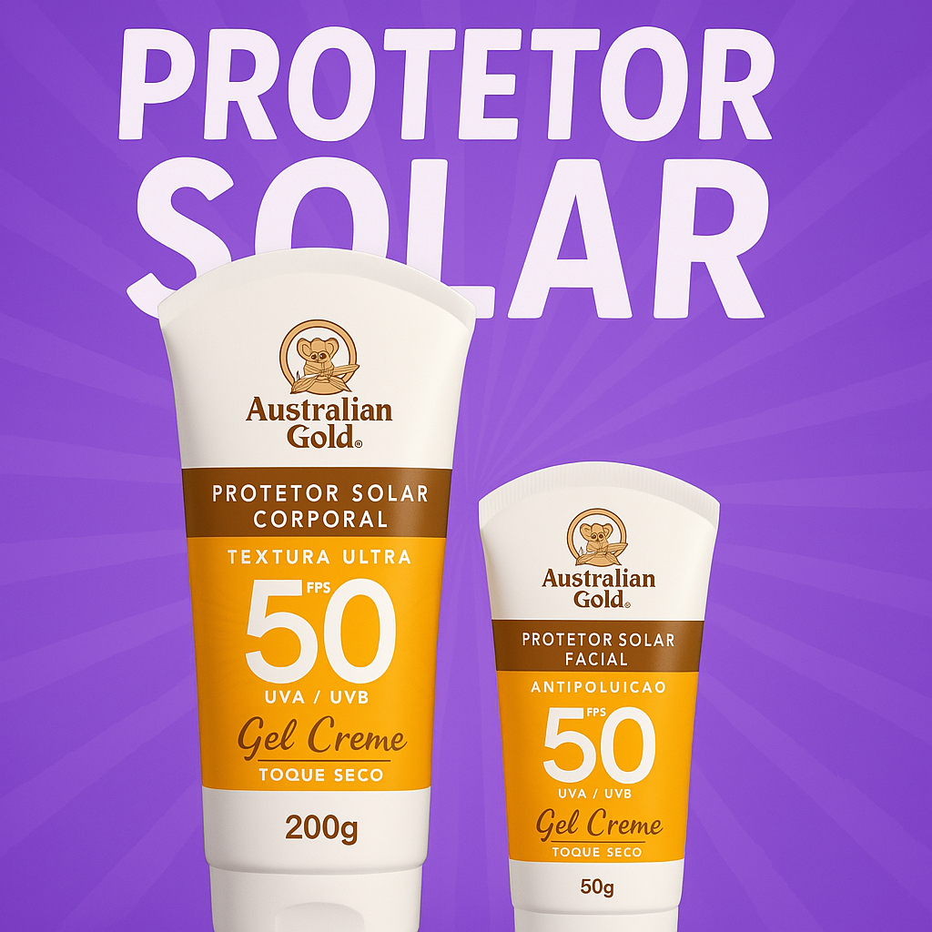 Protetor Solar Australian Gold FPS 50 | Kit Corpo 200g + Rosto 50g, Alta Proteção e Hidratação