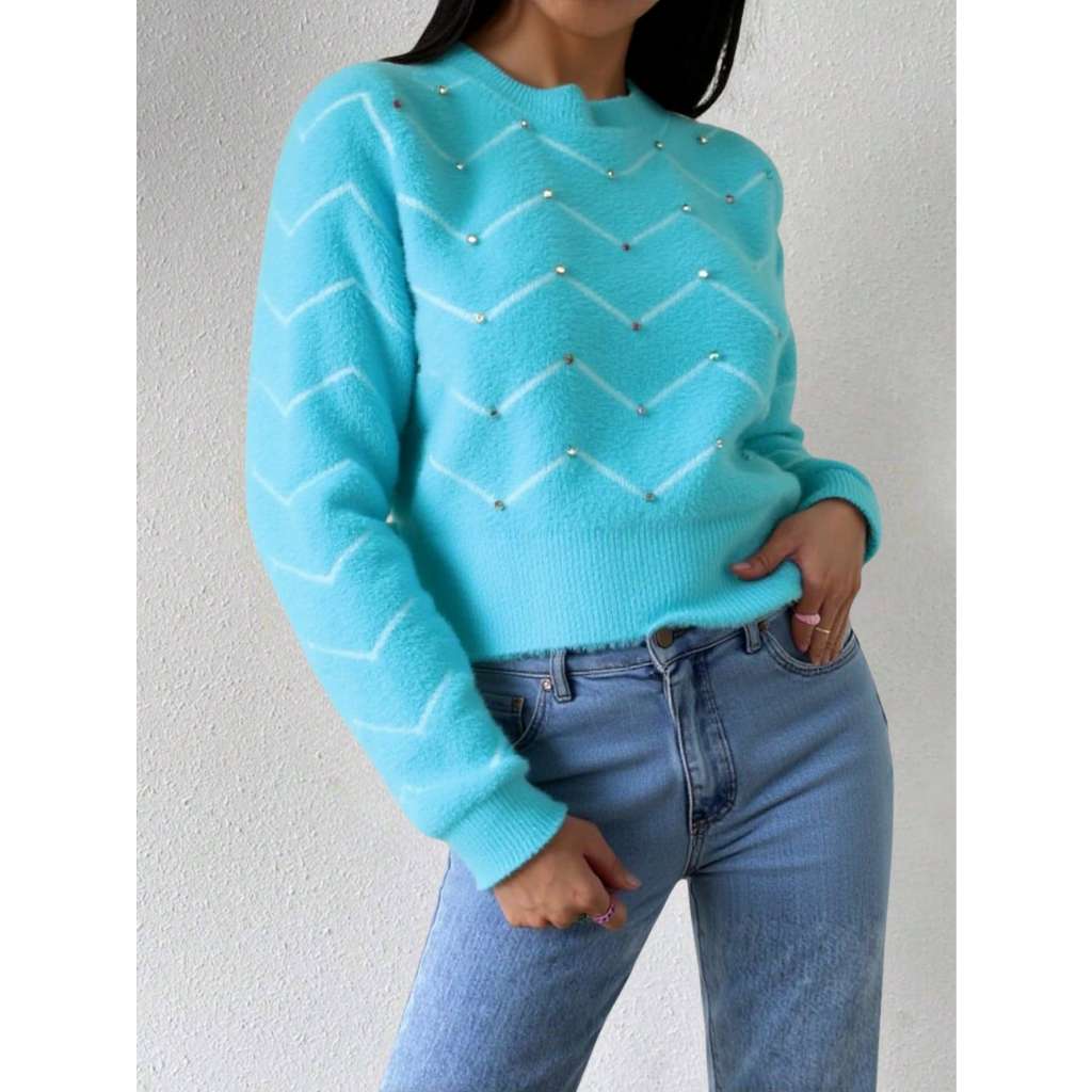 Blusa suéter feminino de pelinho cropped manga longa moletom grosso inverno blusa de frio gola redonda estampada perola