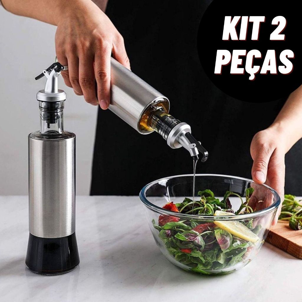 Kit Galheteiro Porta Azeite Vinagre de Vidro e Aço Inox com Dosador 300ML