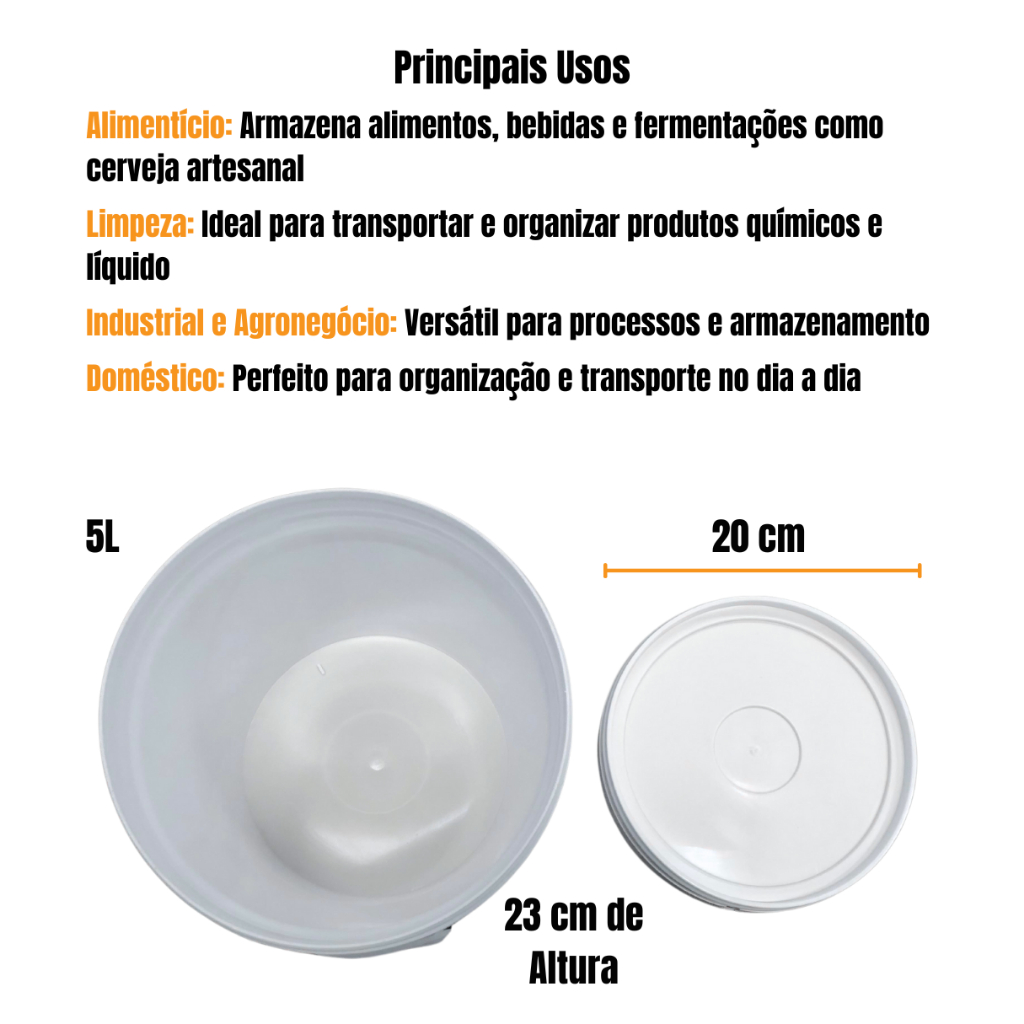 Kit 6 Baldes 5 Litros c/ Tampa Hermética e Lacre Atóxico Ideal para Alimentos Mantimentos Conservas