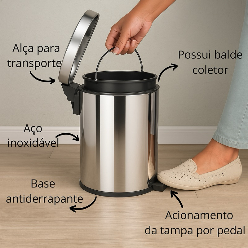 Lixeira 3Lts 5Lts 7Lts 12Lts de Inox  Com Pedal e Cesto Removível Banheiro Cozinha em Oferta na Shopee