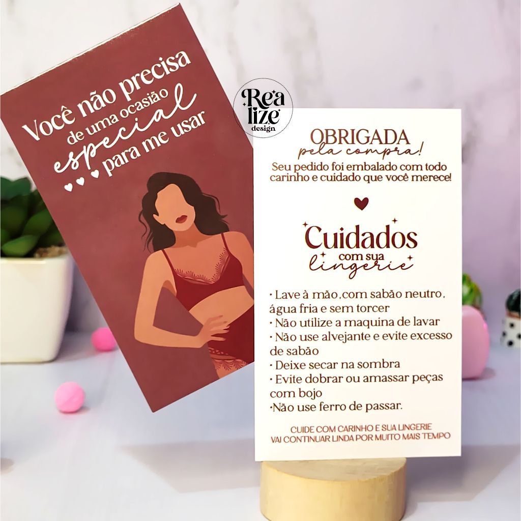 Cartão de agradecimento ao cliente - Cuidados com sua lingerie  CC1 / 50un ou 100un  /  9x5cm em Oferta na Shopee