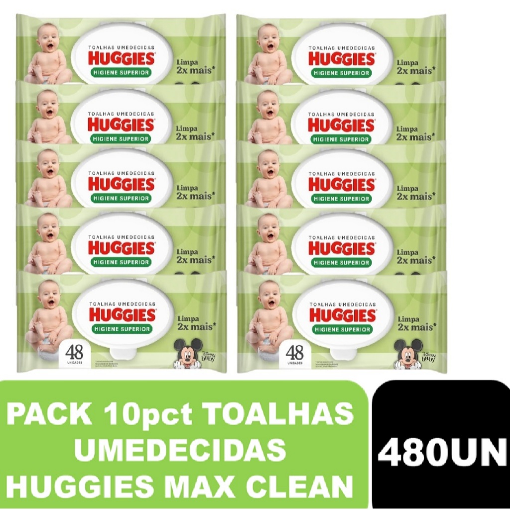 Kit com 10un Toalhas Umedecido HUGGIES MaxClean com 48 unidades em Oferta na Shopee