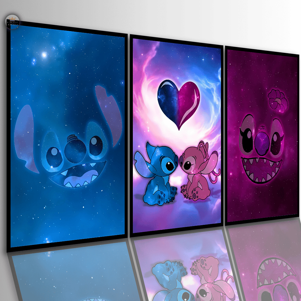 Quadros Decorativos Infantil Stitch e Angel Galáxia 3 Peças Lillo Sala Quarto