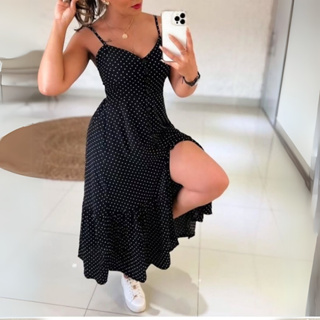 VESTIDO MIDI LONGO  FEMENINO NO CREPINHO ONCA E DE BOLINHA  SOLTINHO COM BOTAO em Oferta na Shopee