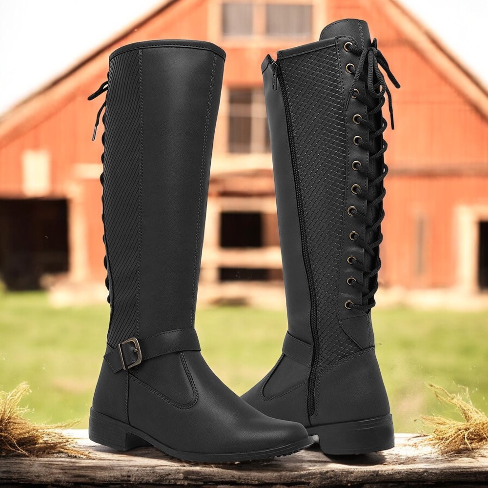 Bota Cano Alto Over Montaria Feminina Salto Baixo Ajustável Com Cadarço Para Rodeio Festa De Peão