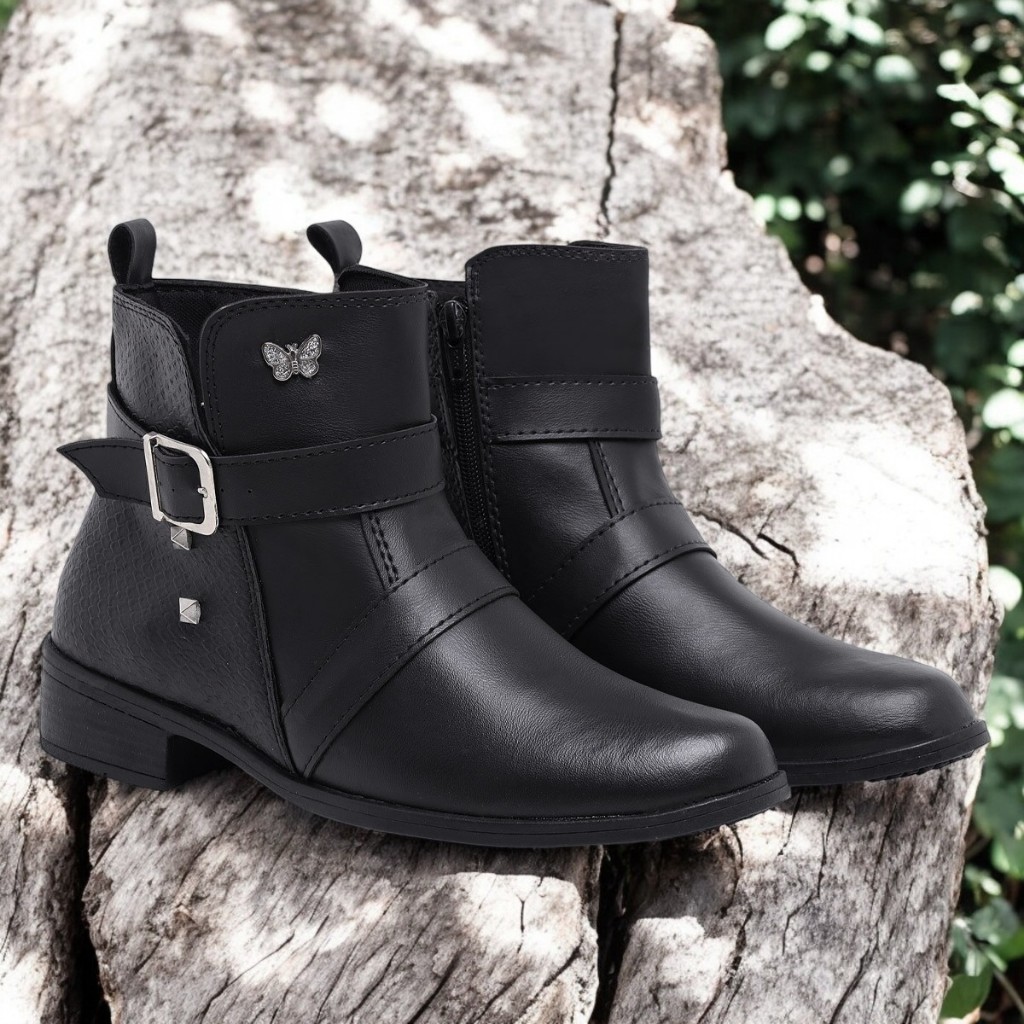 Bota Cano Curto Feminina Coturno Com Zíper Lateral Detalhe De Borboleta Casual Estilosa Moderna