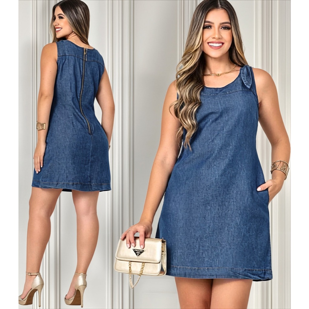 Vestido Feminino Soltinho Com Zíper Jeans Liocel Original Regata Tencel Bolso
