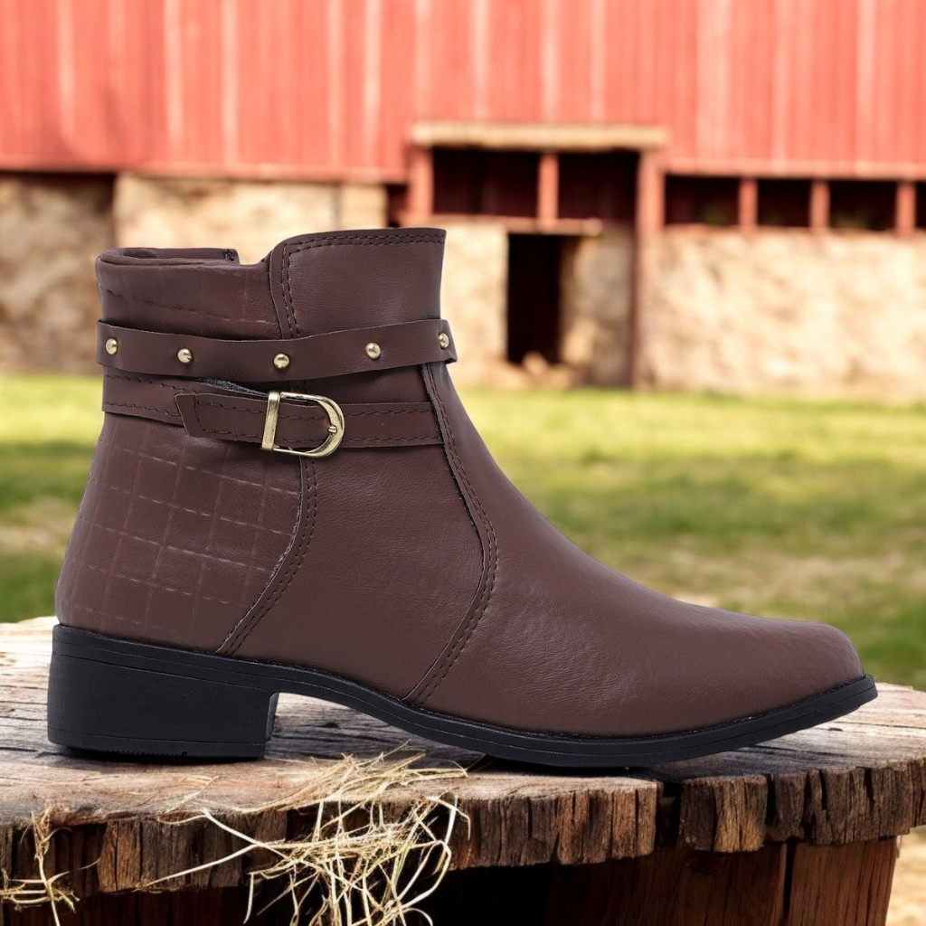 Bota Coturno Feminino Cano Curto Detalhe Em Fivela Com Rebites Casual Para Trabalho Passeio