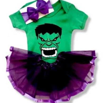Kit body bebe temático mesversario fantasia HULK MENINA / HULK MENINO  kit menina  saia de tule decorada + laço