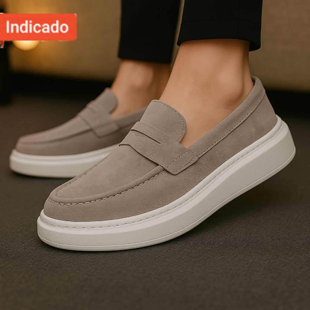 Mocassim Masculino Sola Alta Loafer Derby em Camurça Costurado Premium