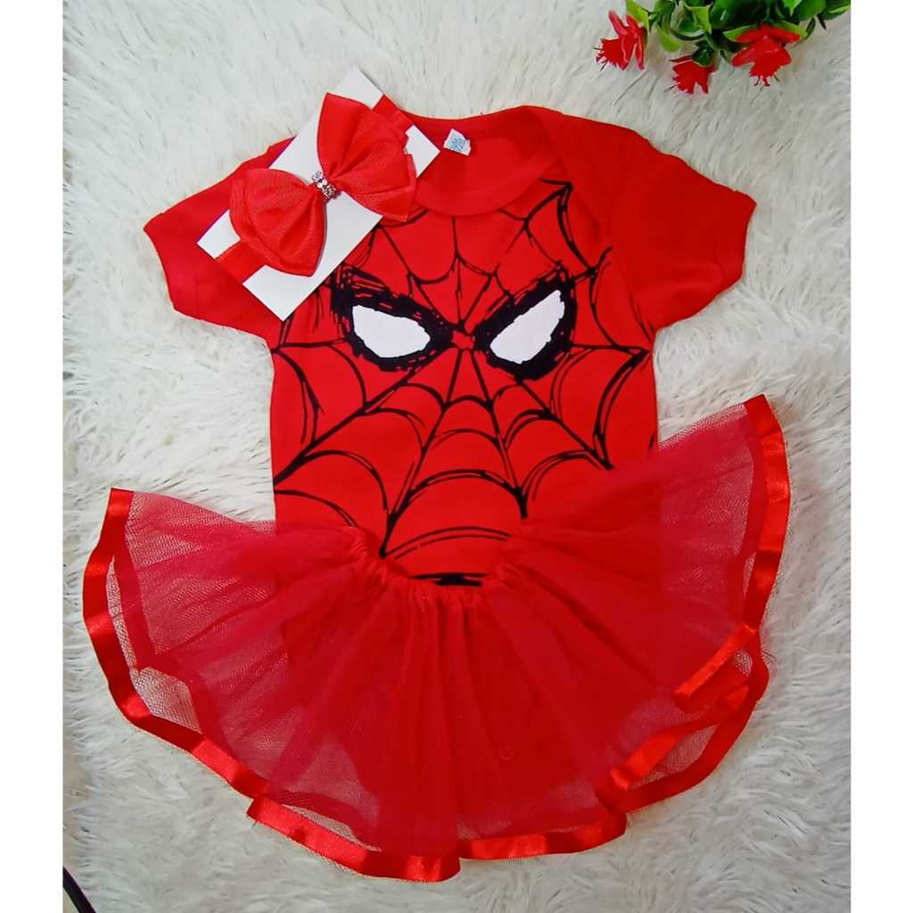 Kit body bebe temático mesversario fantasia HOMEM ARANHA MENINO/ MENINA  kit body + saia de tule + laço