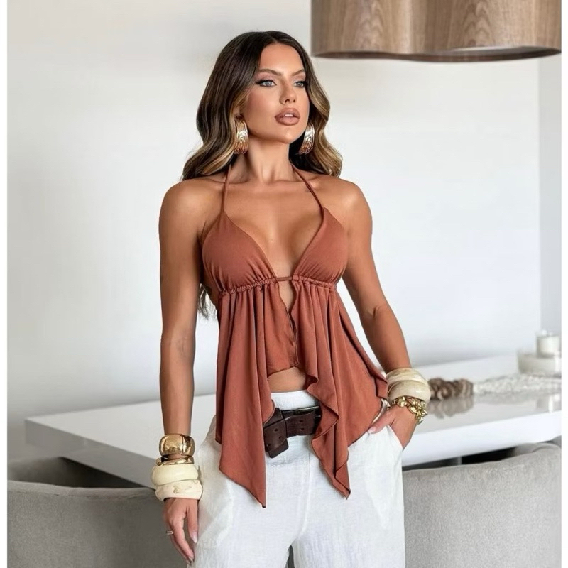 Blusa Cortininha Frente única Malibu Bata babado costas nuas tendência moda Cropped em Oferta na Shopee