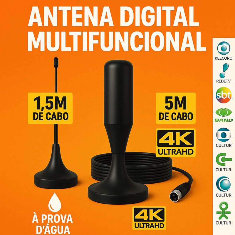 Antena Digital 4k FULL HD Multifuncional Base Magnética Pix  1,5 metros ou 5 metros prova d’água