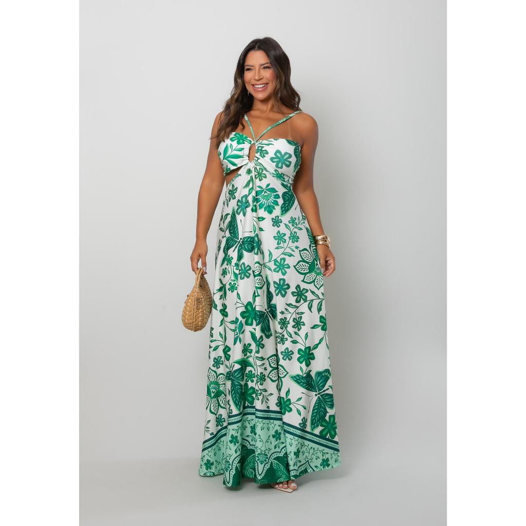 VESTIDO CAMILA LONGO - vestido feminino longo estampa floral cores tendencia tropical inspiração
