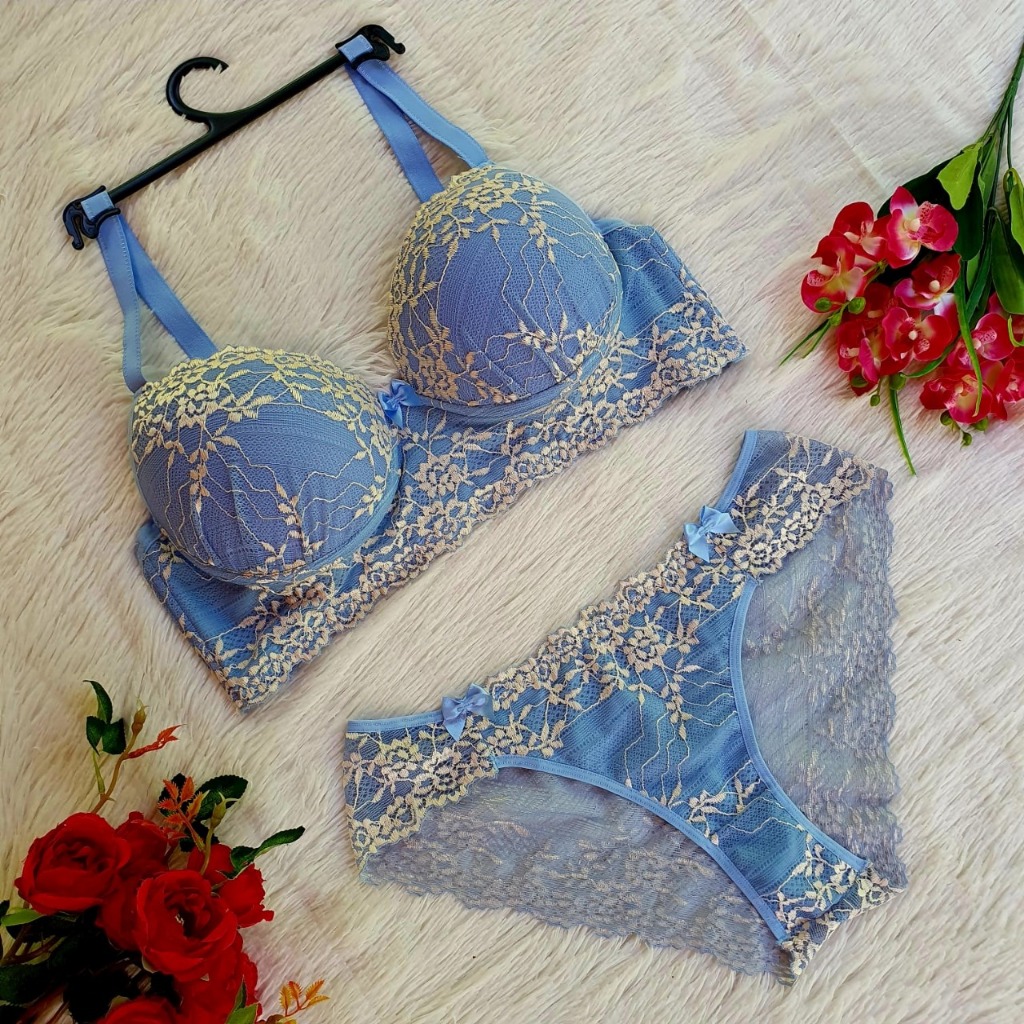 Kit 3 Conjuntos Plus Size Lingerie Renda Bicolor Com Bojo Alças Largas