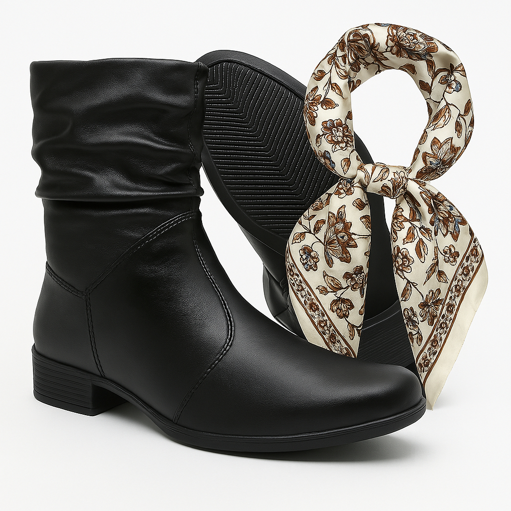 Bota Feminina Cano Curto Coturno Enrugada Sanfonada Preta Salto Baixo Botinha Blogueira + Lenço